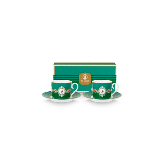 Set/2 Cups & Saucers Love Birds Medallion Emerald-Green