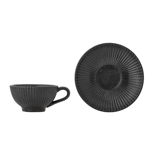 Bloomingville Neri Cappuccinotasse mit Untertasse, Schwarz, Steingut