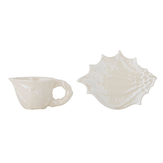 Bloomingville Shellie Tasse mit Untertasse, Weiß, Steingut