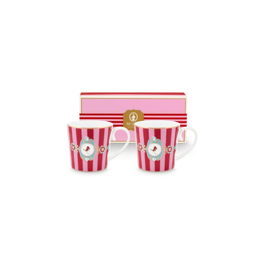 2er Set Mugs Large Love Birds Medallion Stripes Red-Pink
