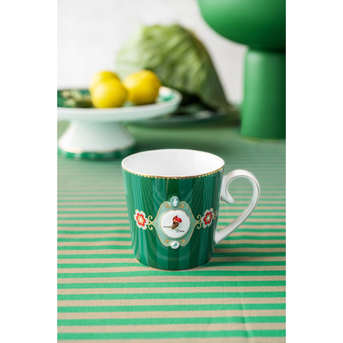 Tea for One Love Birds Medallion Stripes Emerald-Green