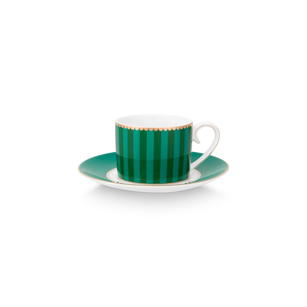 Pip Studio 2x Espressotassen und Untertassen Love Birds Stripes Emerald-Green