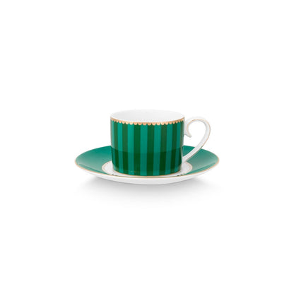 Pip Studio 2x Espressotassen und Untertassen Love Birds Stripes Emerald-Green