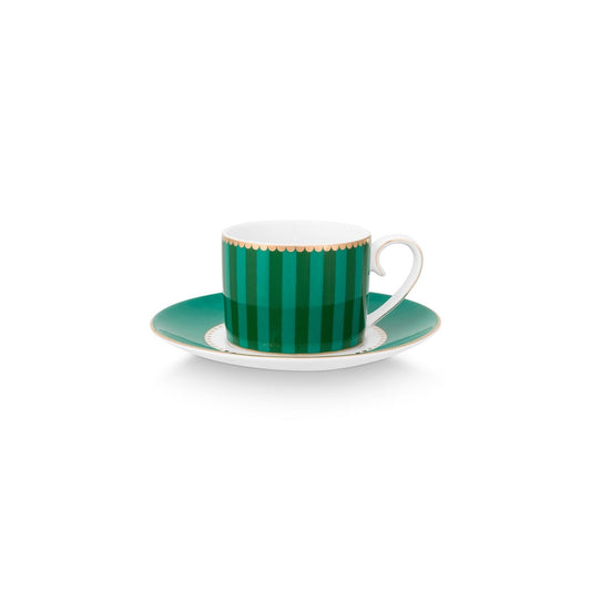 Pip Studio 2x Espressotassen und Untertassen Love Birds Stripes Emerald-Green