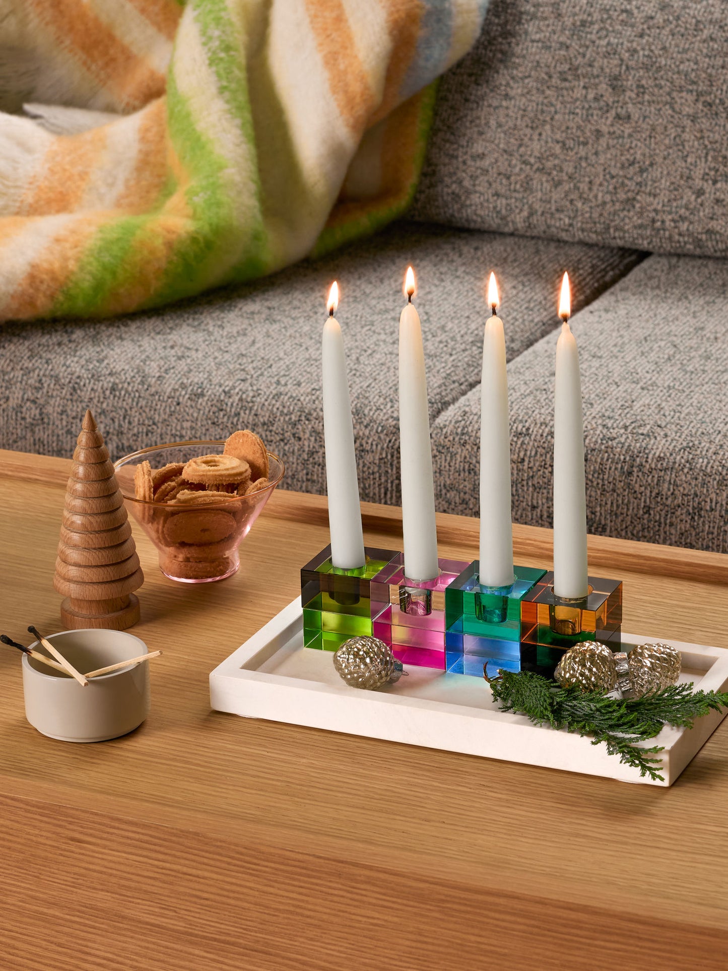 Hübsch Block Kerzenständer Braun/Green & Gray/Rosa (2er Set)