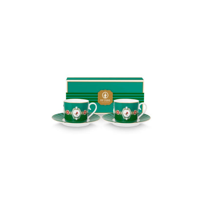 Set/2 Cups & Saucers Love Birds Medallion Emerald-Green