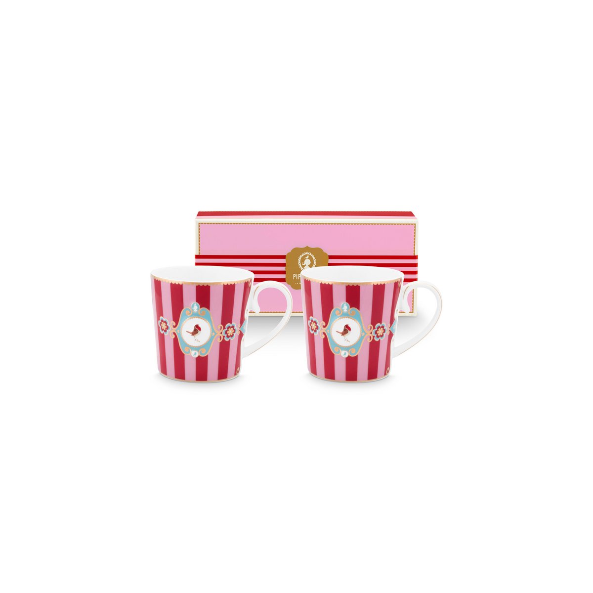 PIP Studio 2er Set Tassen Small Love Birds Medallion Stripes Red-Pink
