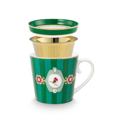 Tea for One Love Birds Medallion Stripes Emerald-Green