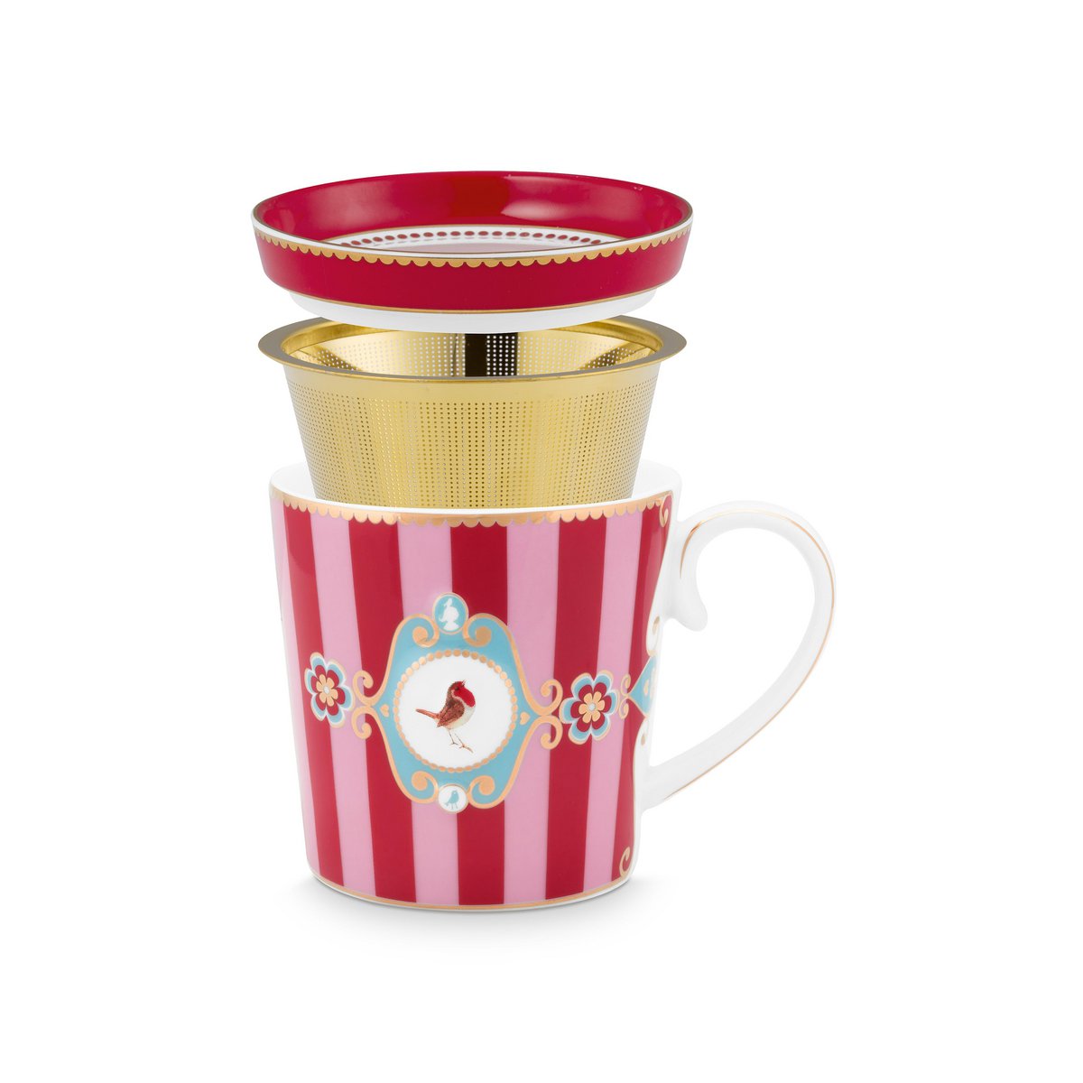 Tea for One Love Birds Medallion Stripes Red-Pink