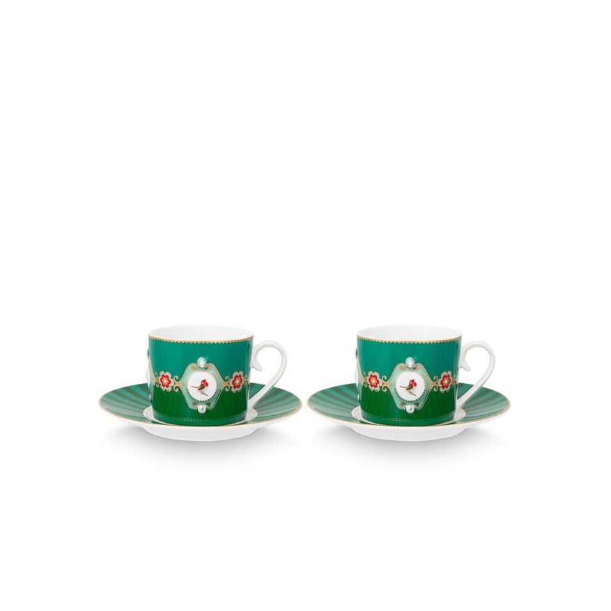 Set/2 Cups & Saucers Love Birds Medallion Emerald-Green