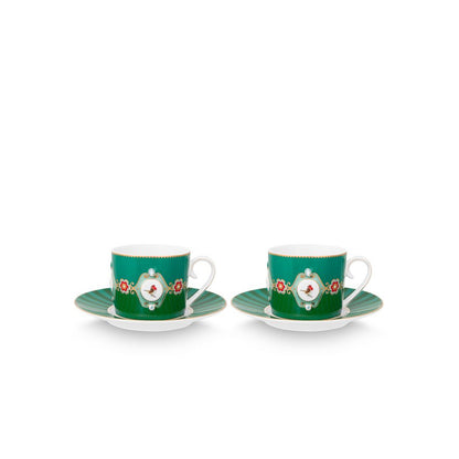 Set/2 Cups & Saucers Love Birds Medallion Emerald-Green