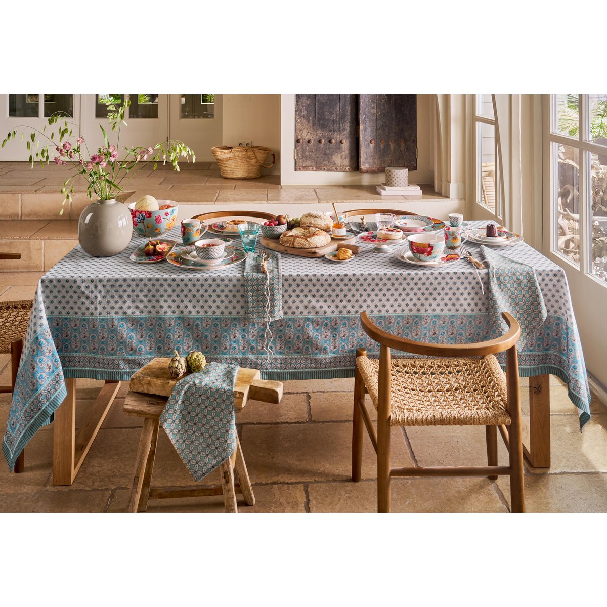Table Cloth Blooming Tales Khaki-Blue 150x250cm