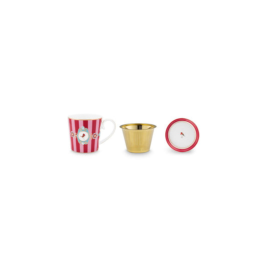 Tea for One Love Birds Medallion Stripes Red-Pink