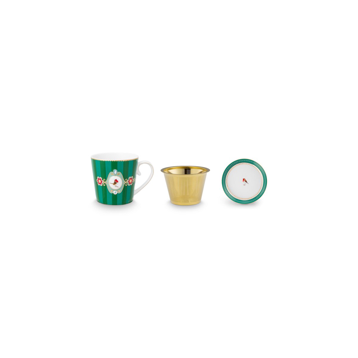 Tea for One Love Birds Medallion Stripes Emerald-Green