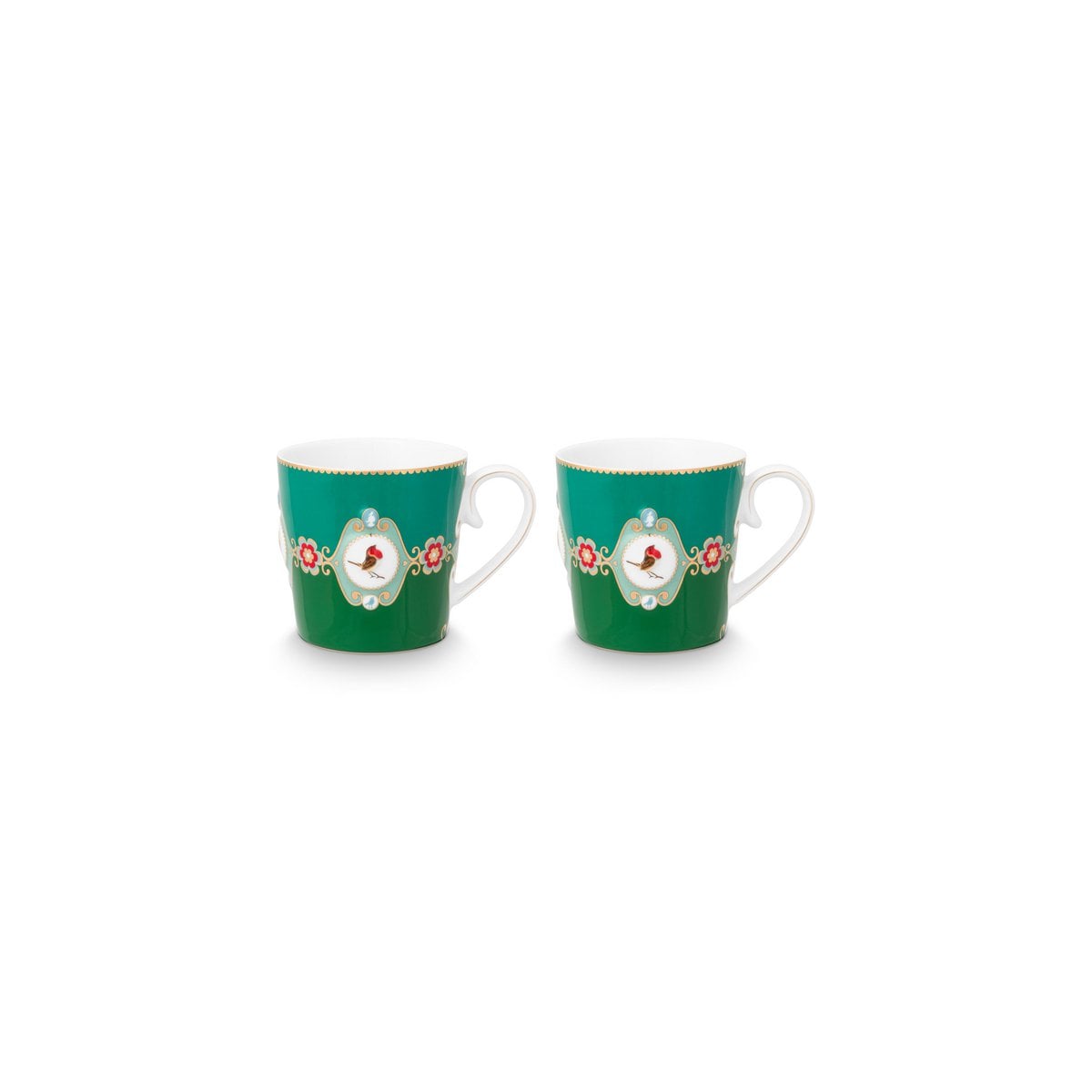 2er Set Tassen Large Love Birds Medallion Emerald-Green