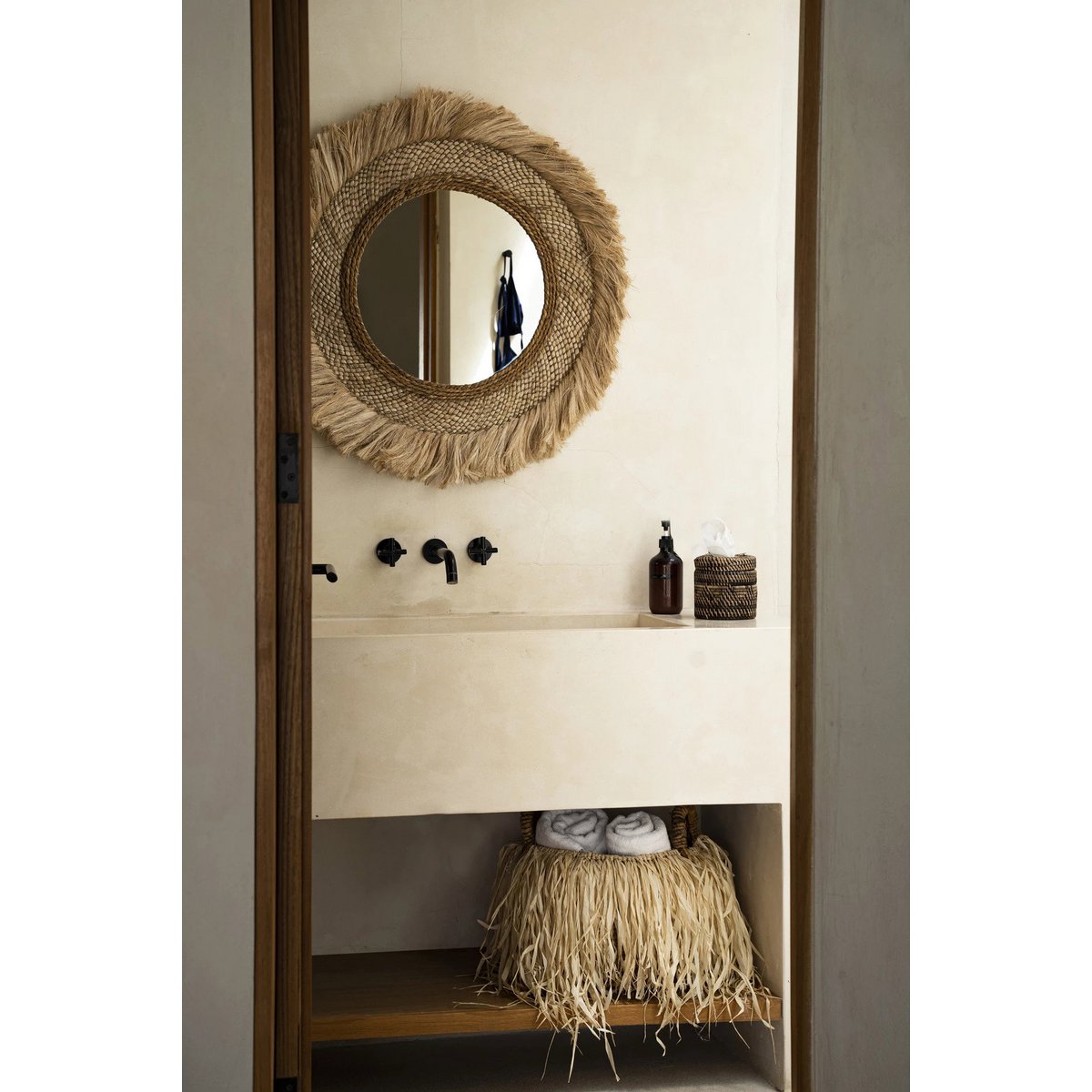 Capri Spiegel rund mit Rattan, Natur - L