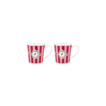 2er Set Mugs Large Love Birds Medallion Stripes Red-Pink
