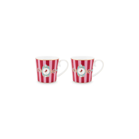 2er Set Mugs Large Love Birds Medallion Stripes Red-Pink