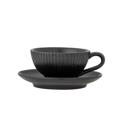 Bloomingville Neri Cappuccinotasse mit Untertasse, Schwarz, Steingut