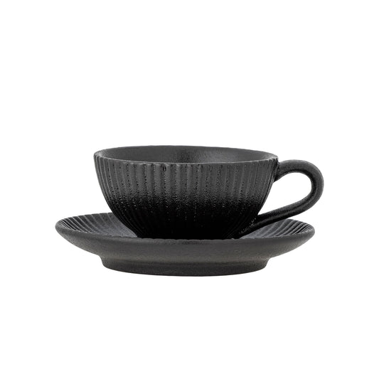 Bloomingville Neri Cappuccinotasse mit Untertasse, Schwarz, Steingut