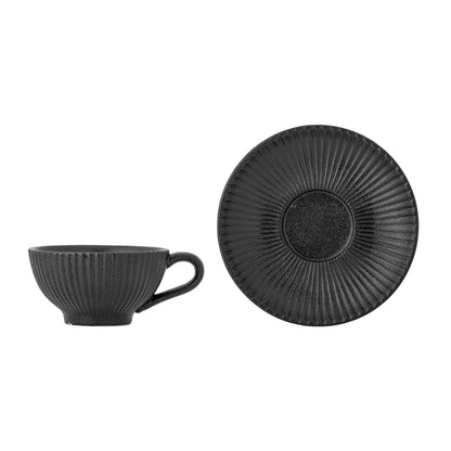 Bloomingville Neri Cappuccinotasse mit Untertasse, Schwarz, Steingut