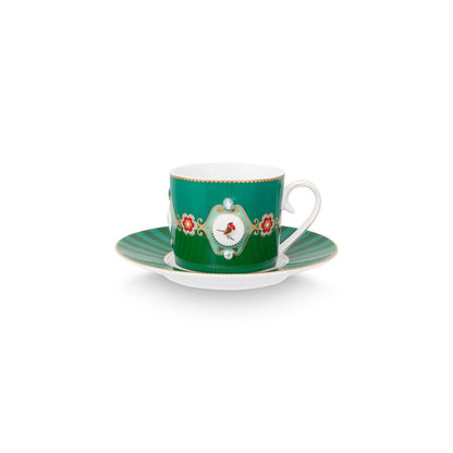 Set/2 Cups & Saucers Love Birds Medallion Emerald-Green