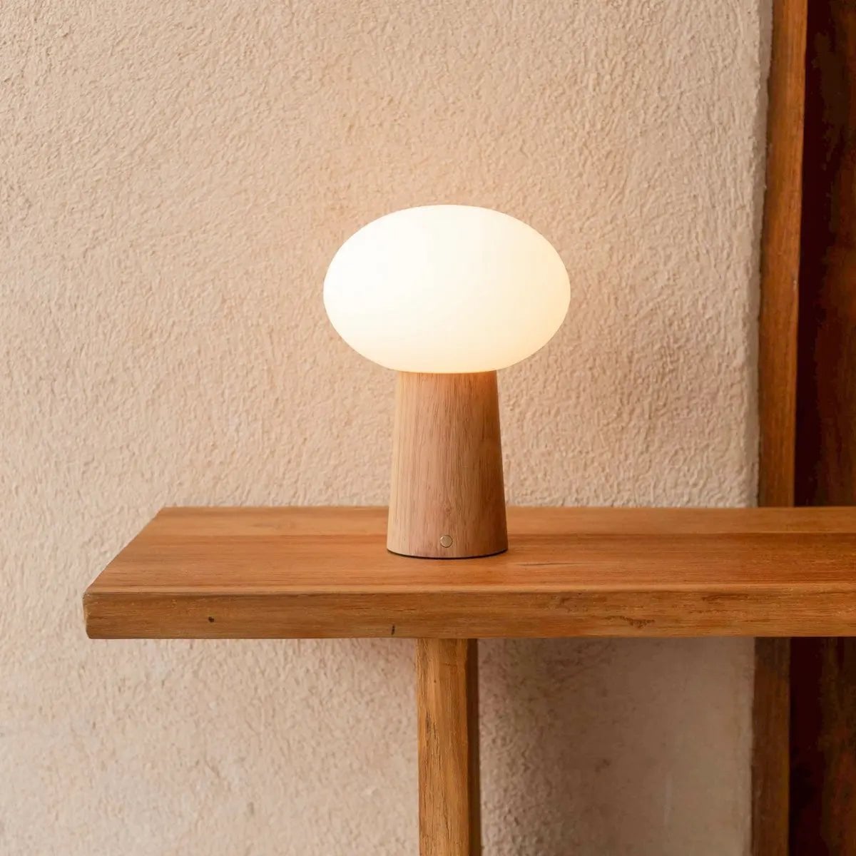 Max Hellbraune kabellose Tischlampe aus Holz | Wiederaufladbar, Glas und nachhaltiges Design