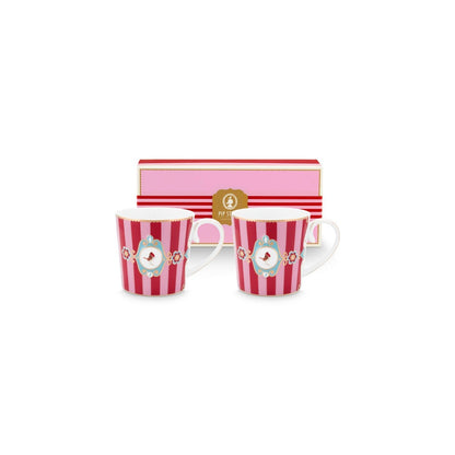 2er Set Mugs Large Love Birds Medallion Stripes Red-Pink