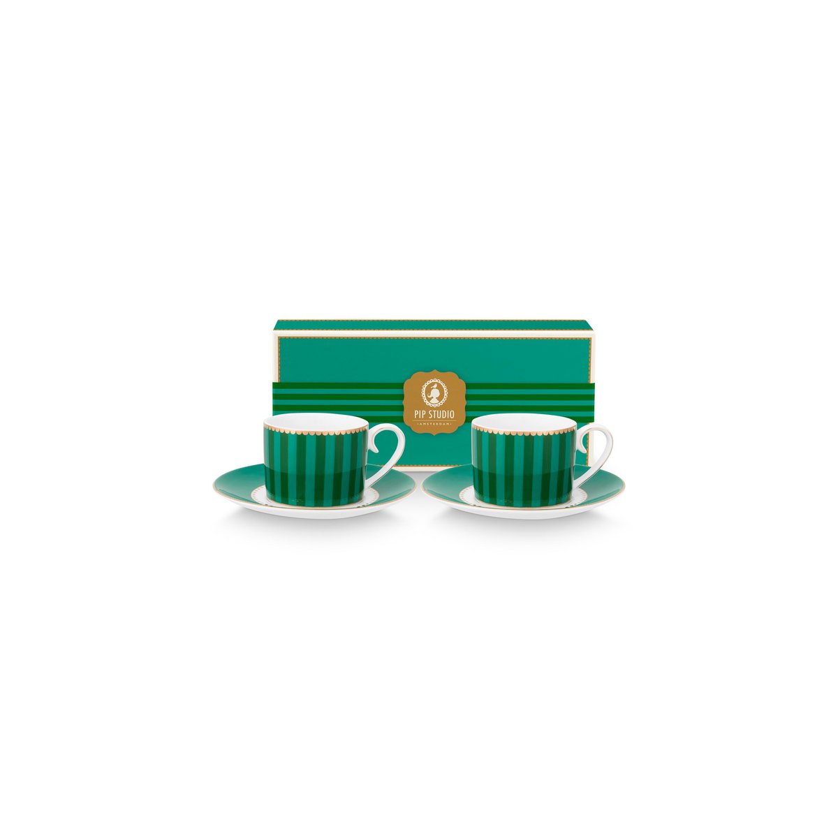 Pip Studio 2x Espressotassen und Untertassen Love Birds Stripes Emerald-Green