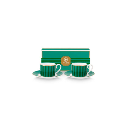 Pip Studio 2x Espressotassen und Untertassen Love Birds Stripes Emerald-Green