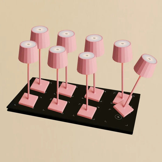 Kombi-Set Profi | 8 x Wouter Flamingo Pink wiederaufladbare Tischlampen mit Ladestation