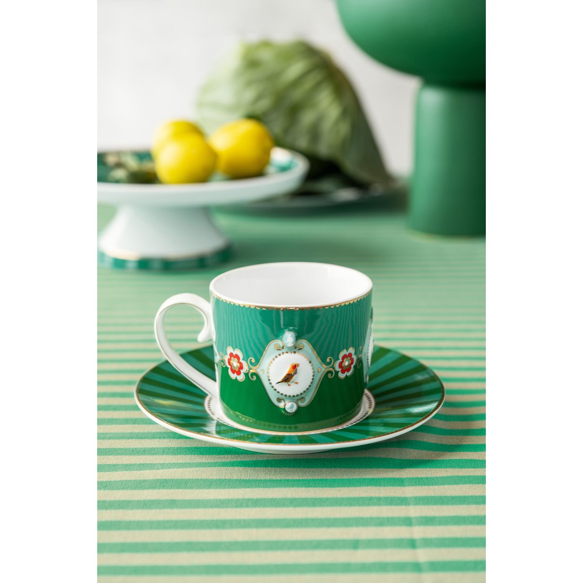 Set/2 Cups & Saucers Love Birds Medallion Emerald-Green