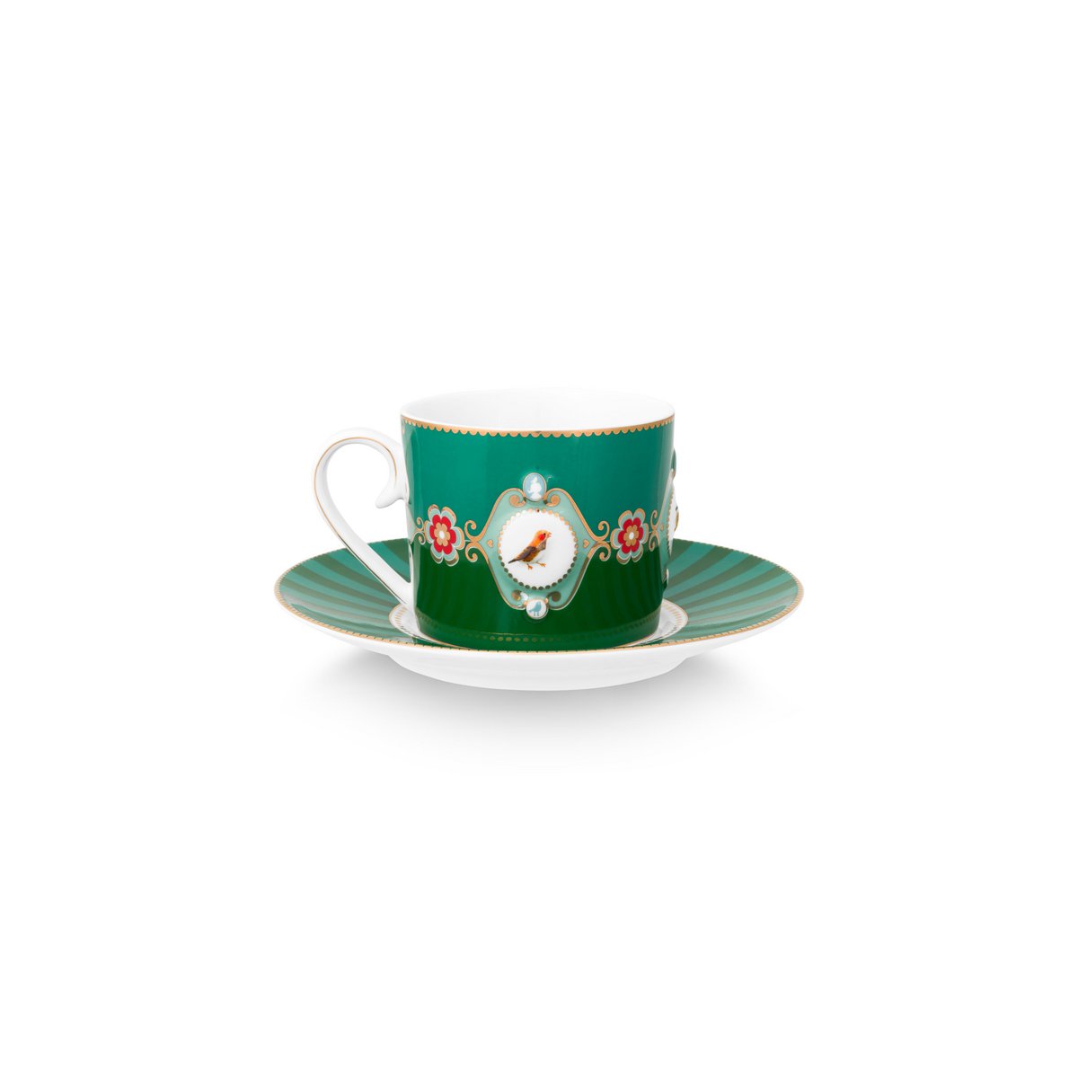 Set/2 Cups & Saucers Love Birds Medallion Emerald-Green
