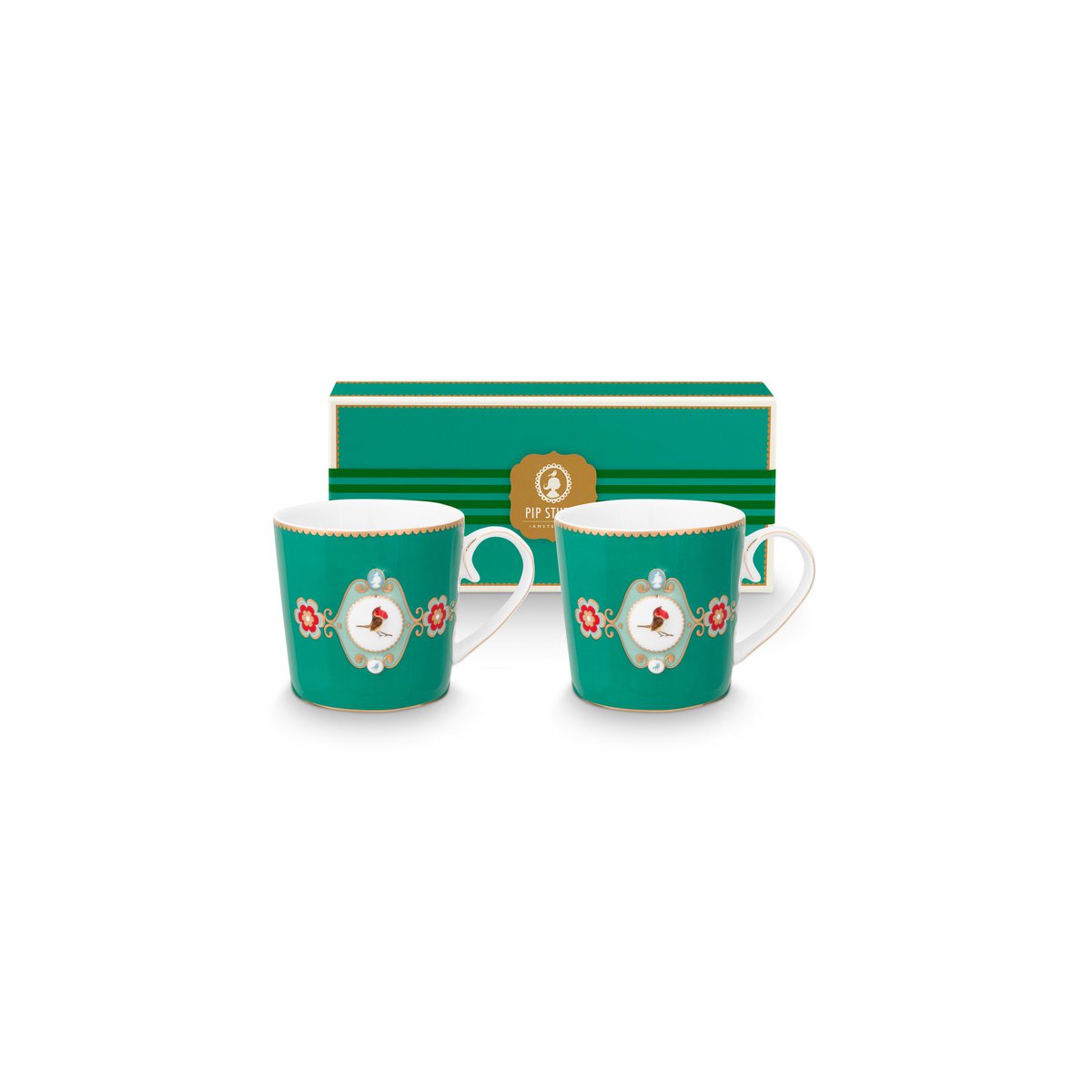 2er Set Tassen Large Love Birds Medallion Emerald