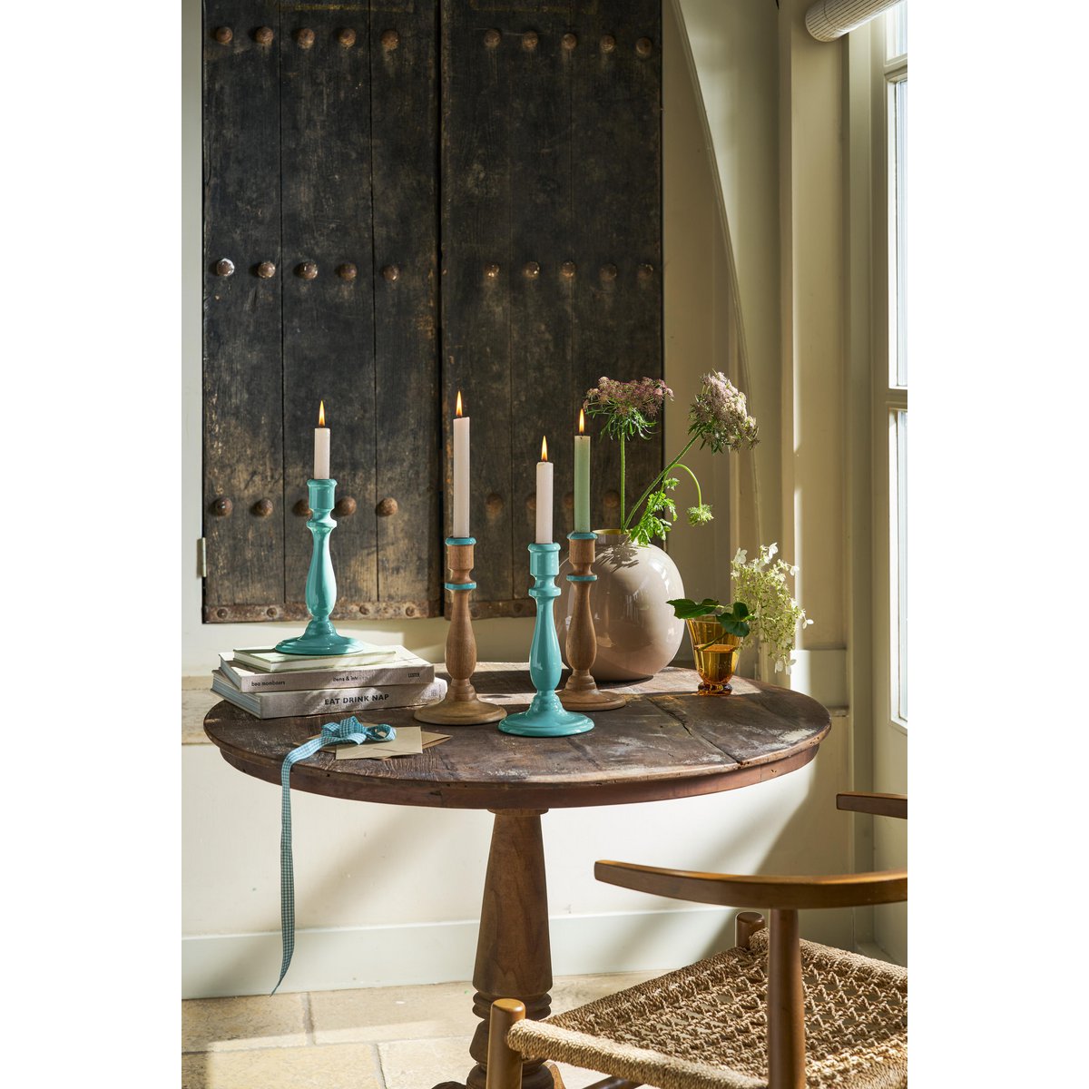 Candle Holder Wood Natural-Blue 13x25cm