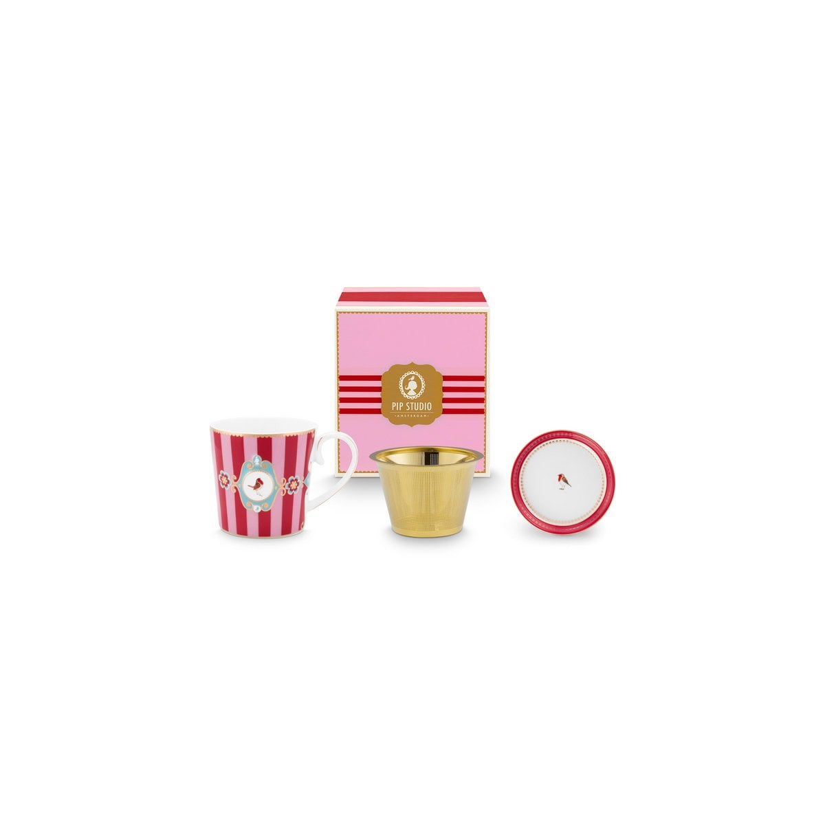 Tea for One Love Birds Medallion Stripes Red-Pink